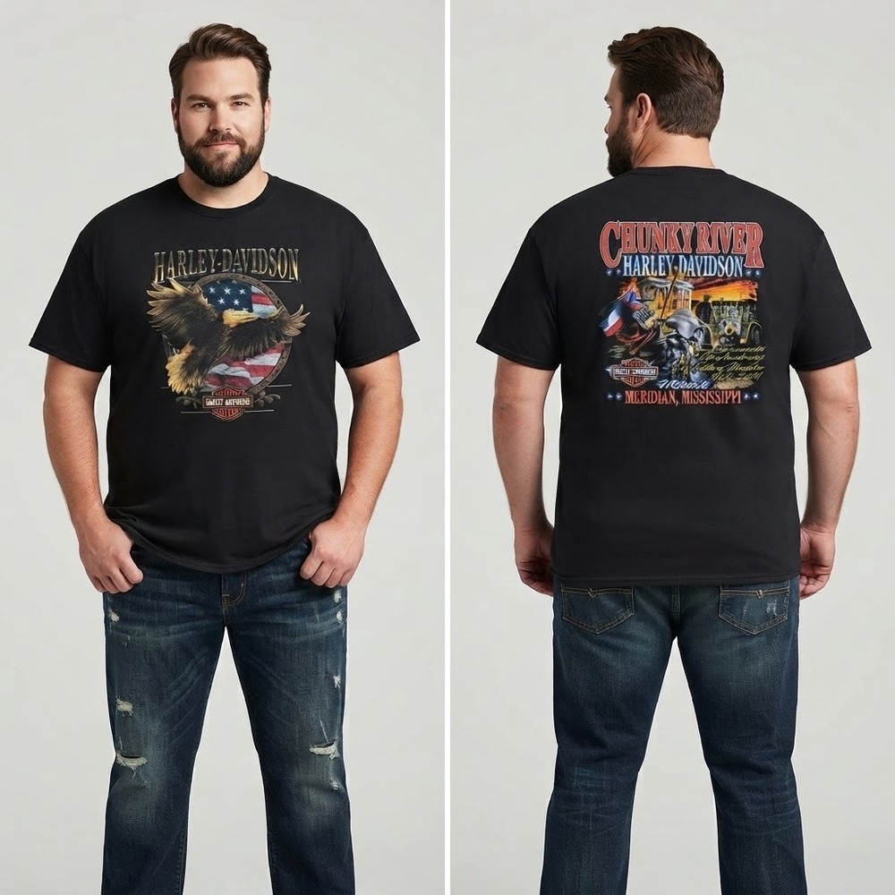 Harley-Davidson T-Shirt Mens 2XL Black Eagle Flag Battle of Meridian MS 2014